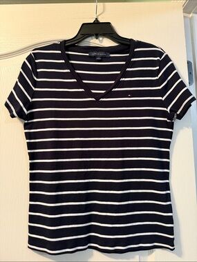 Tommy Hilfiger Navy & White Striped V-Neck Tee